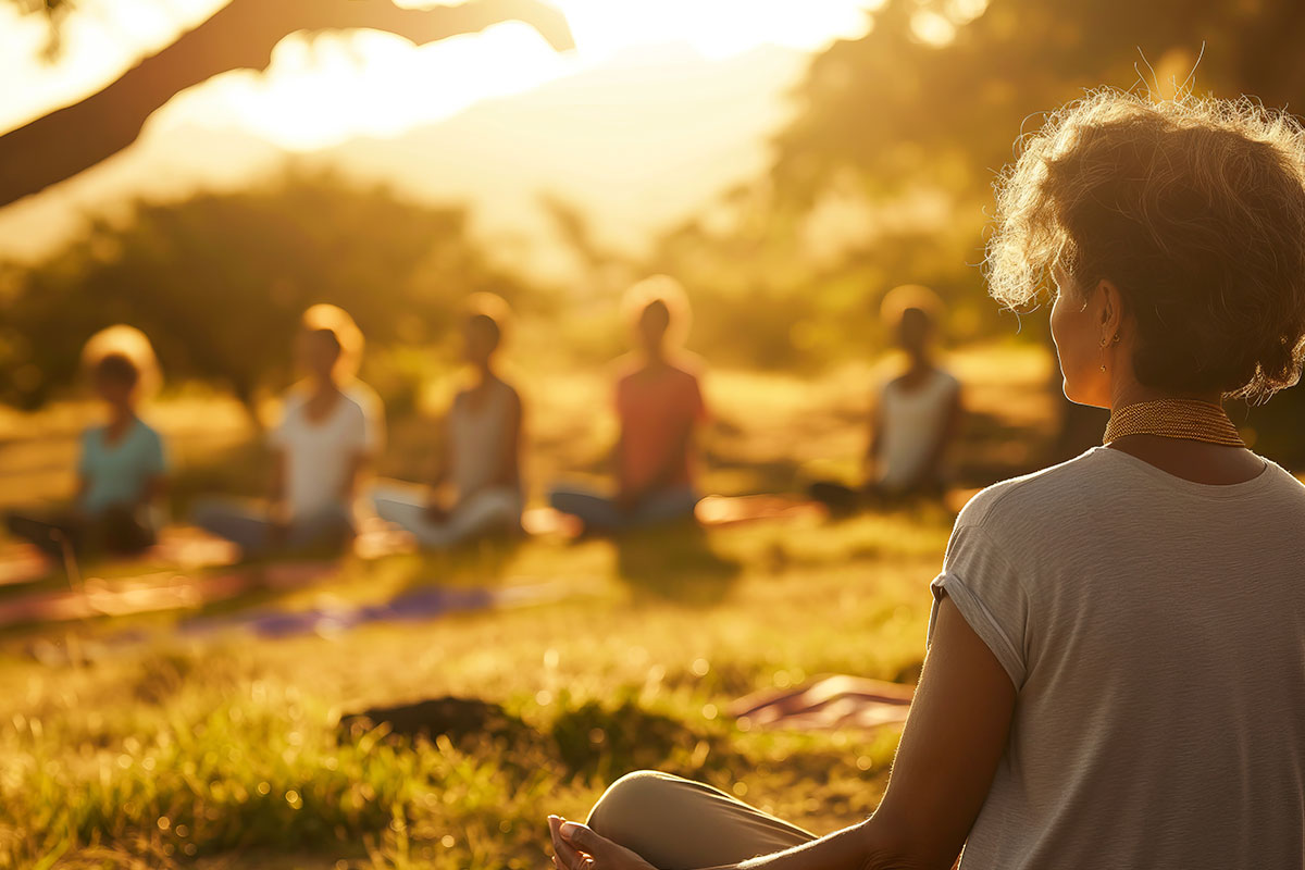 A health and wellness coach leading a group meditation session in a serene outdoor setting under the morning sun.